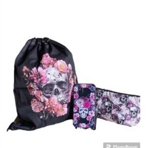 Skull & Floral Pattern Set of 3 Drawstring Backpack Cosmetic Bag IPhone Case